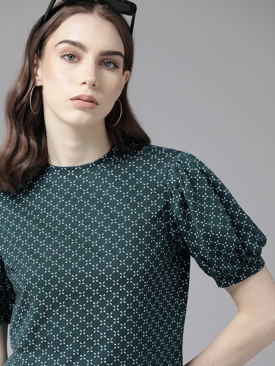 

The Roadster Lifestyle Co. Micro Printed Puff Sleeves Regular Fit Top, Teal