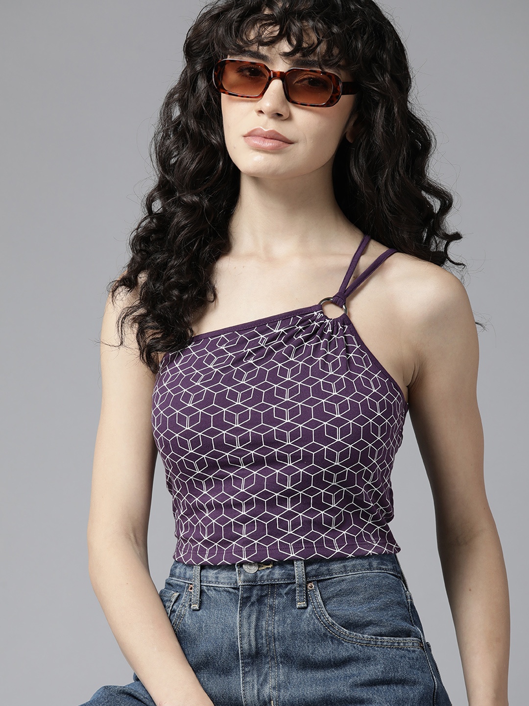 

The Roadster Lifestyle Co. Geometric Print One Shoulder Crop Top with Smocked Back, Purple