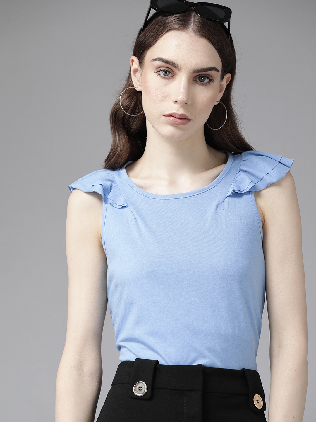 

The Roadster Lifestyle Co. Ruffles Detail Sleeveless Regular Fit Top, Blue