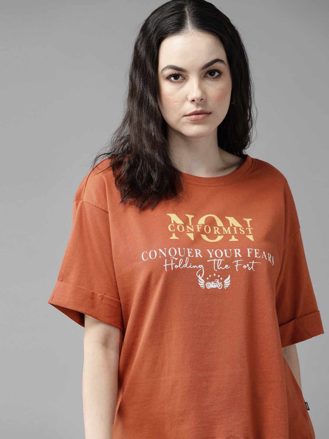 

The Roadster Lifestyle Co. Typography Printed Pure Cotton T-shirt, Rust