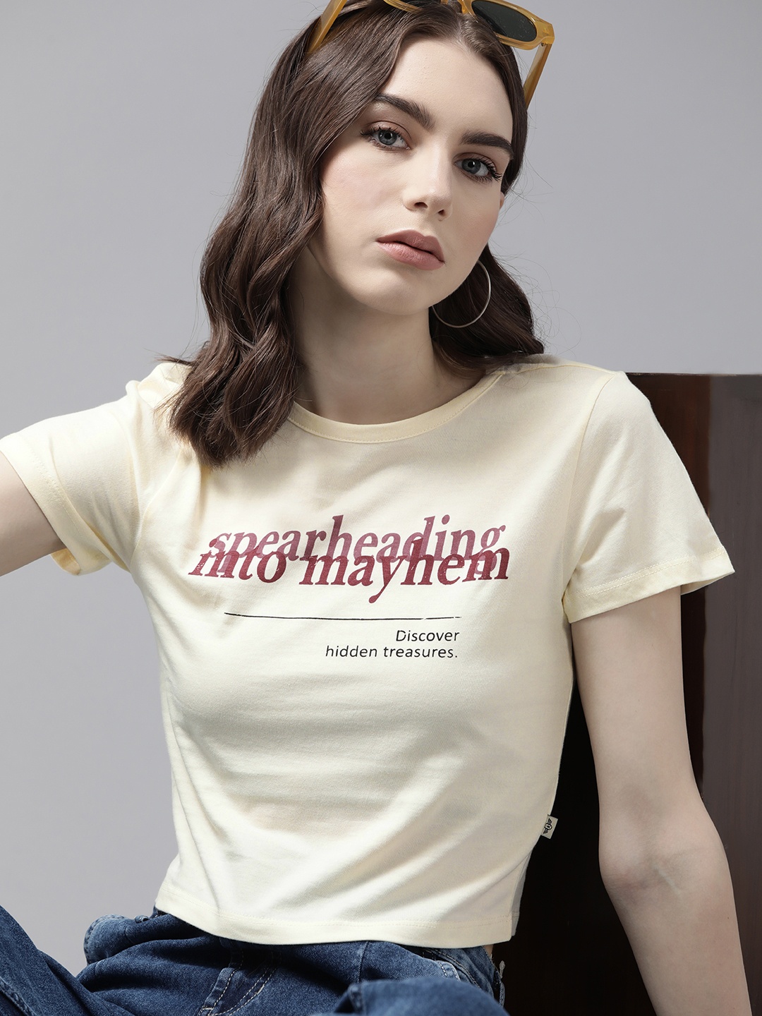 

The Roadster Lifestyle Co. Typography Printed Pure Cotton Crop T-shirt, Cream