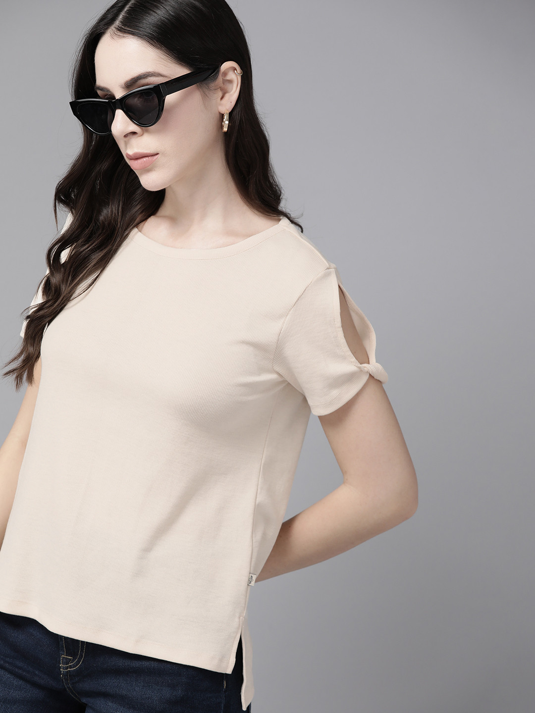 

The Roadster Lifestyle Co. Cotton Cut-Out Detail Ribbed T-shirt, Cream