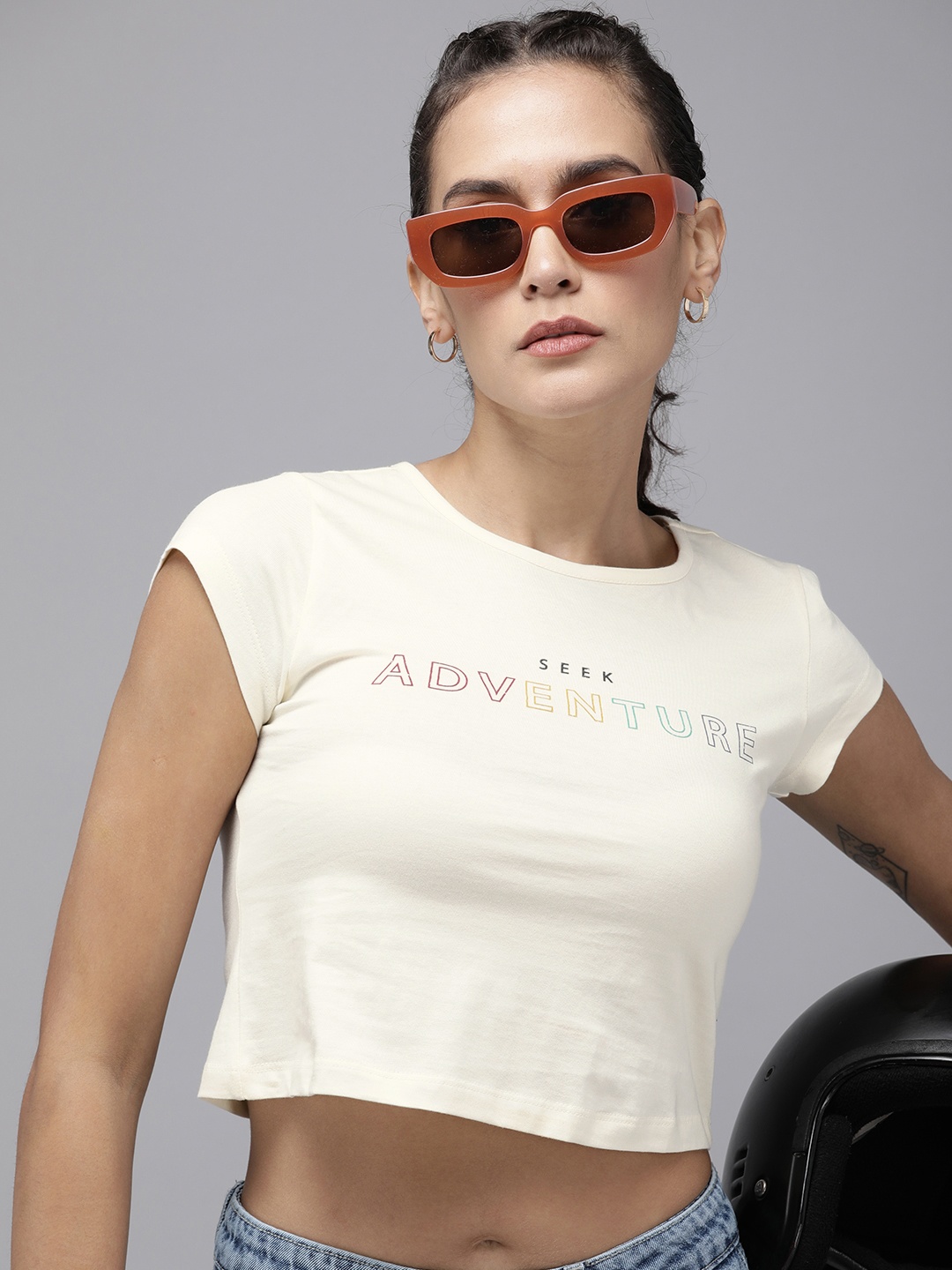 

The Roadster Life Co. Typography Printed Pure Cotton Crop T-shirt, Off white