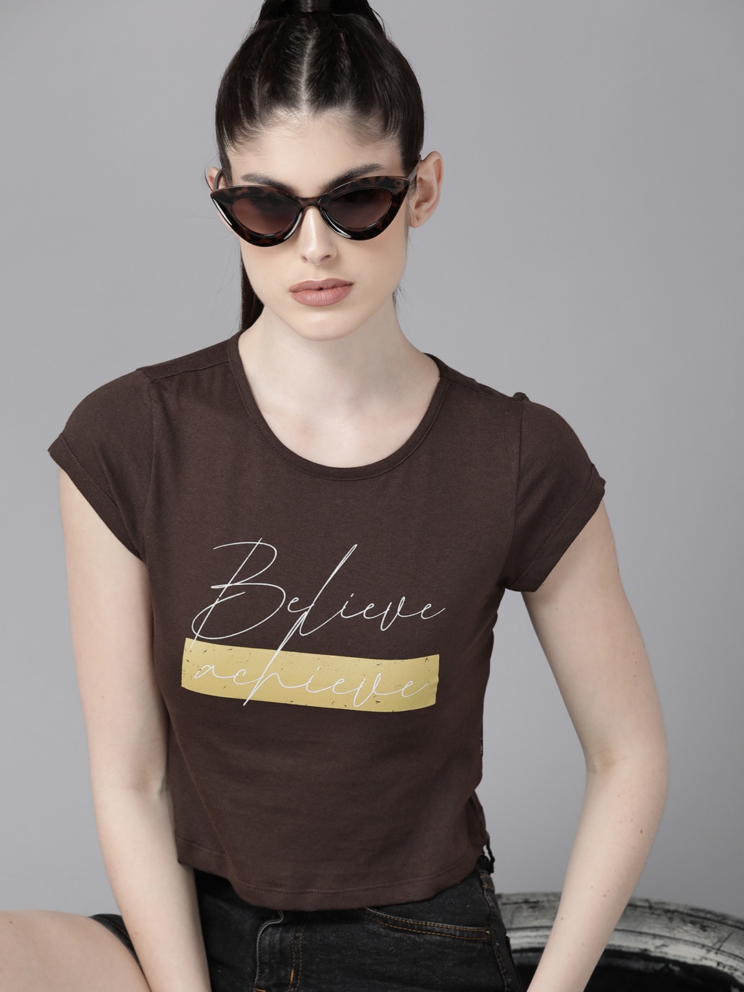 

The Roadster Lifestyle Co. Typography Printed Pure Cotton Crop T-shirt, Coffee brown