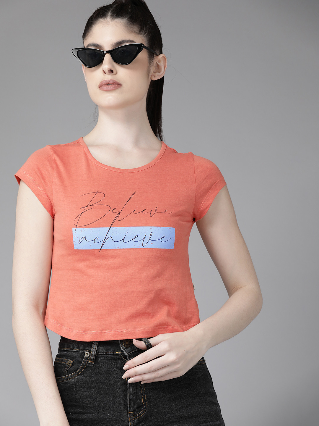 

The Roadster Lifestyle Co. Typography Printed Pure Cotton Crop T-shirt, Coral
