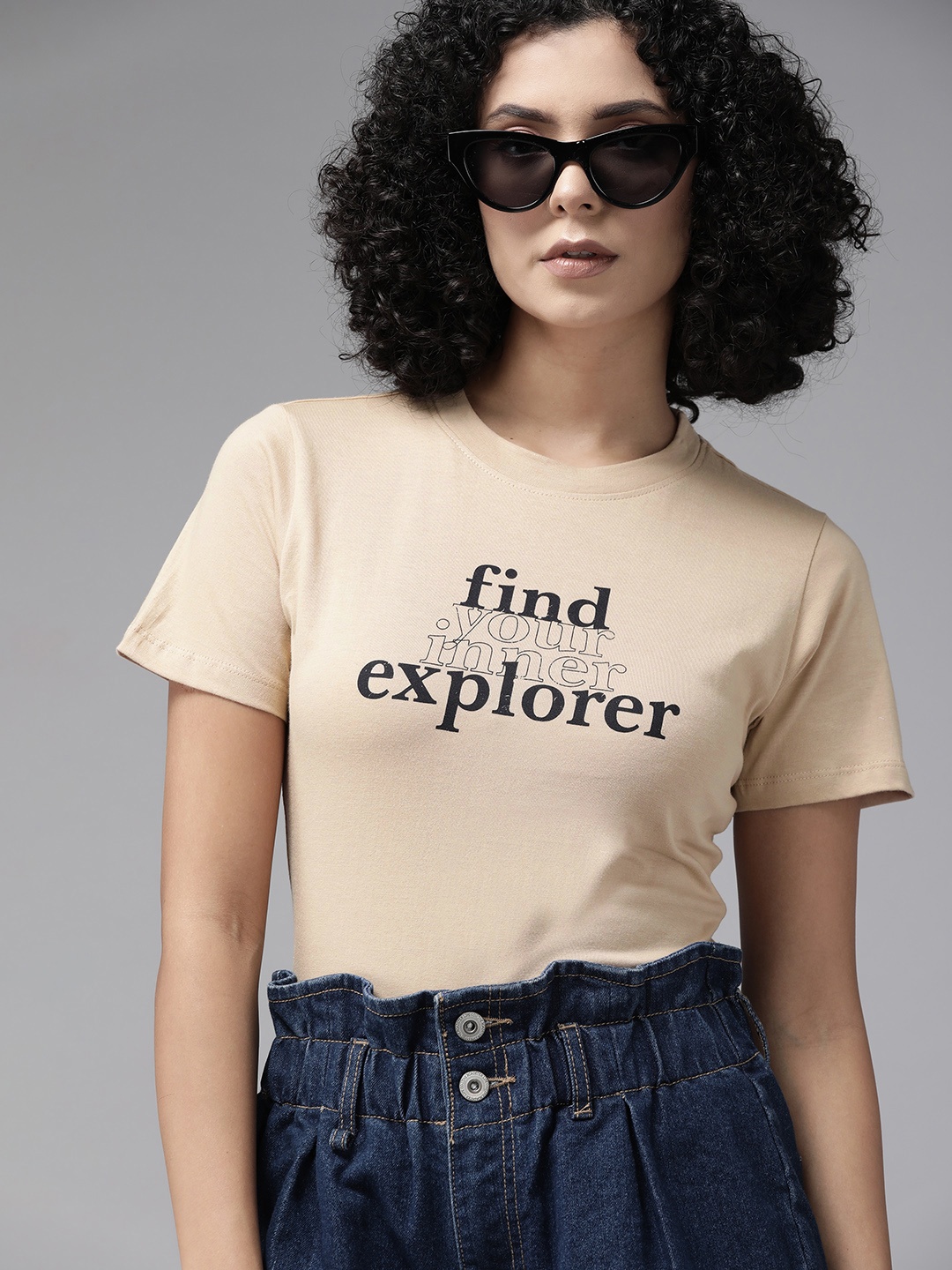 

The Roadster Lifestyle Co. Women Typography Printed Pure Cotton T-shirt, Beige
