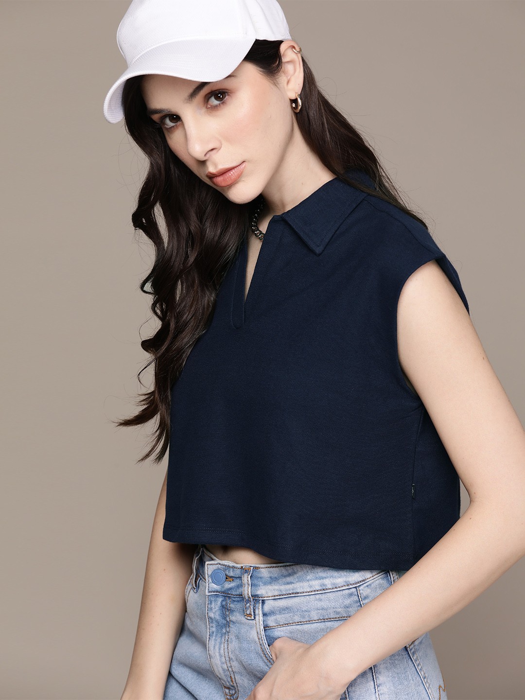 

The Roadster Lifestyle Co. Solid Polo Collar Extended Sleeves Pure Cotton T-shirt, Navy blue