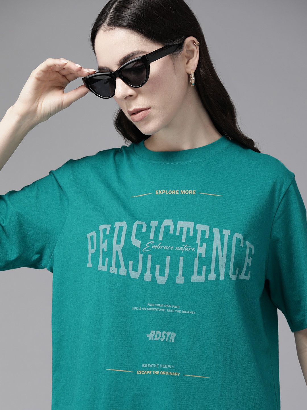 

The Roadster Lifestyle Co. Women Typography Printed Pure Cotton Oversized T-shirt, Green