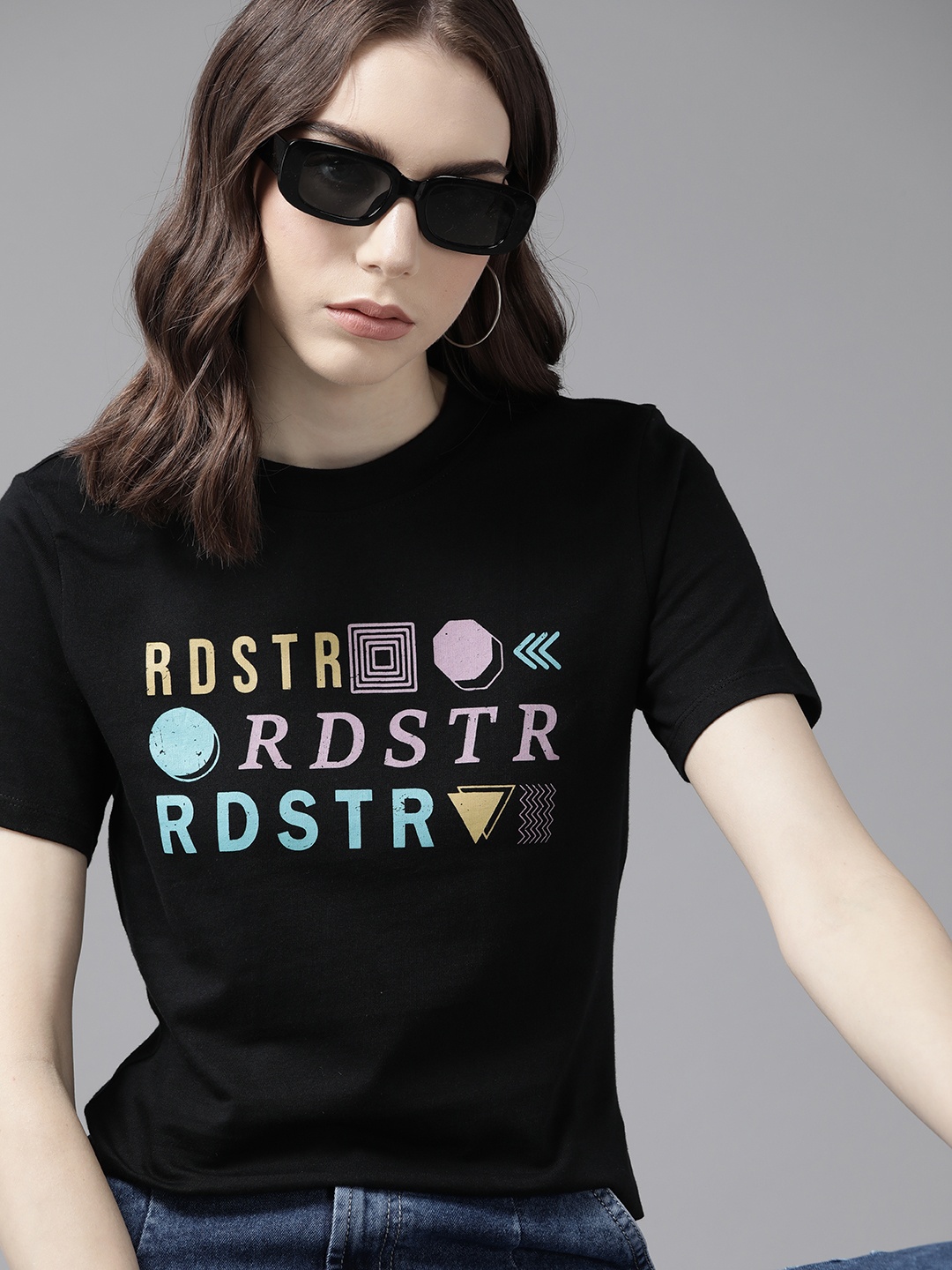 

The Roadster Lifestyle Co. Brand Logo Printed Pure Cotton T-shirt, Black