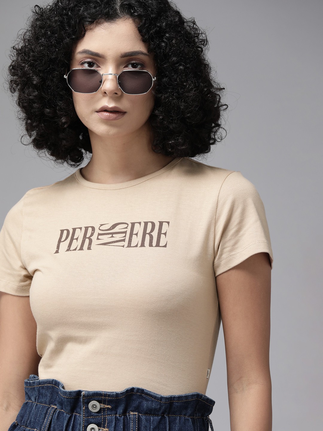 

The Roadster Lifestyle Co. Women Typography Printed Pure Cotton T-shirt, Beige