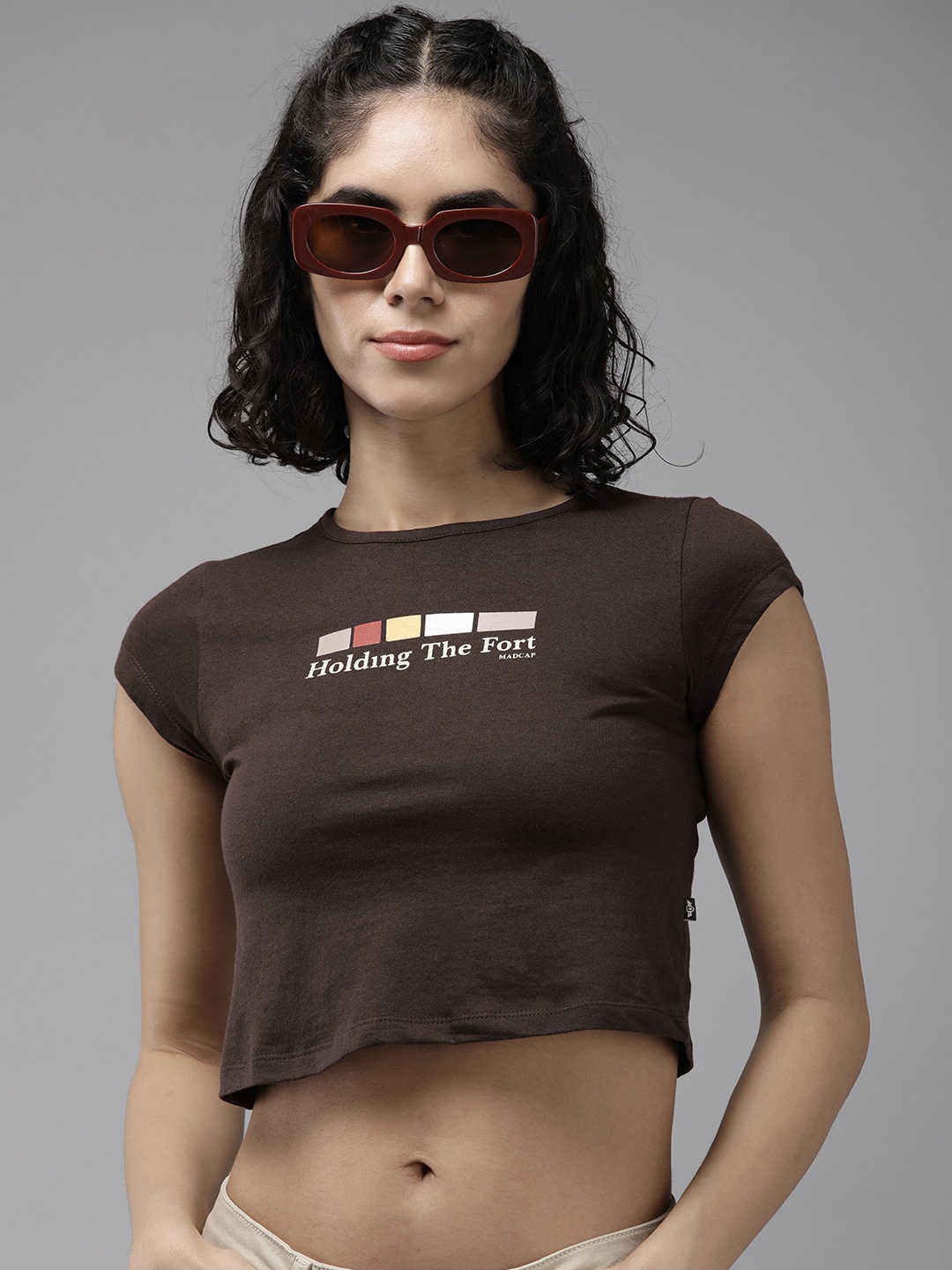 

The Roadster Life Co. Typography Printed Pure Cotton Crop T-shirt, Brown