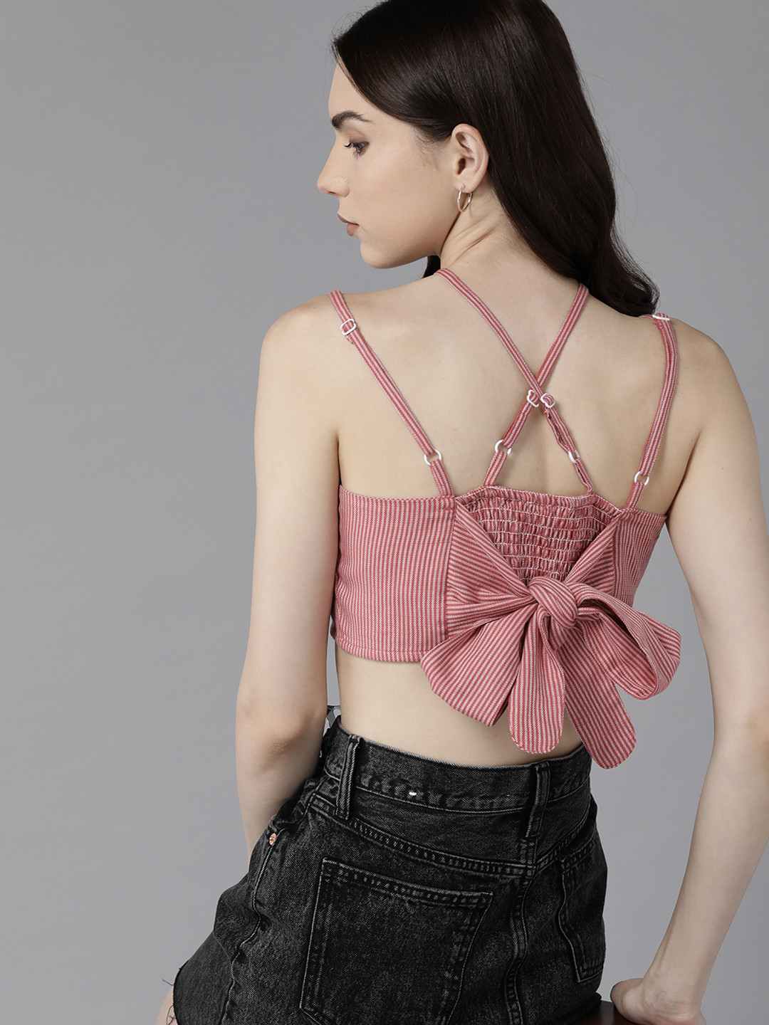 

The Roadster Lifestyle Co. Striped Smocked Pure Cotton Crop Top, Rose