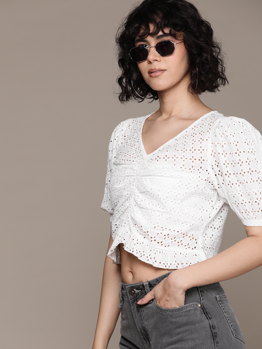 

The Roadster Lifestyle Co. Schiffli Embroidered Cotton Ruched Crop Top, White