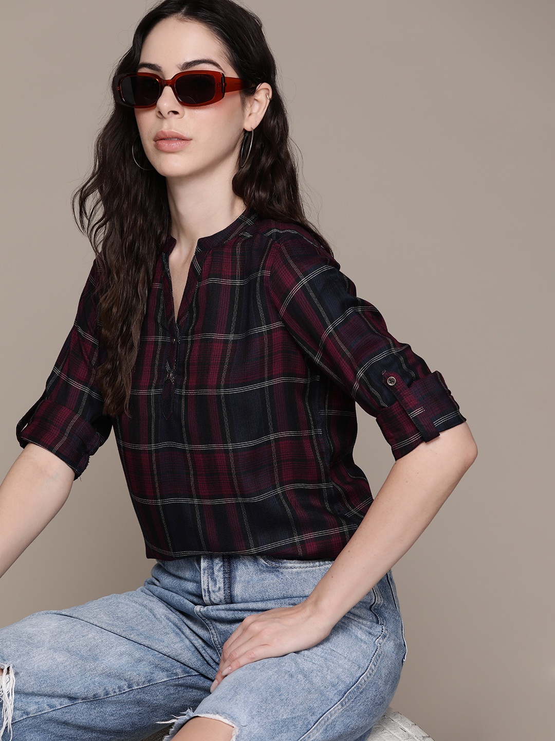 

The Roadster Lifestyle Co. Checked Mandarin Collar Roll-Up Sleeves Shirt Style Top, Brown