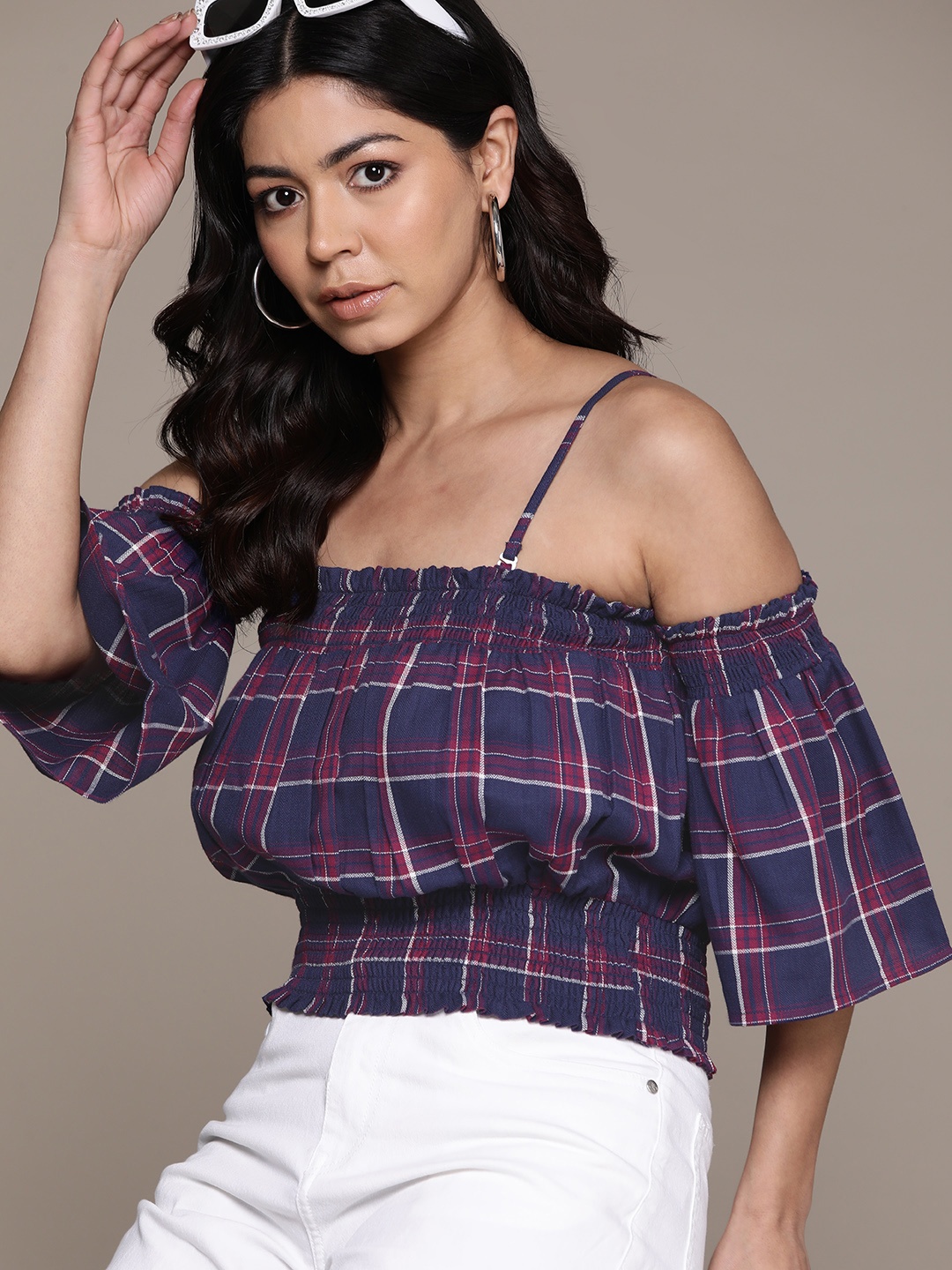 

The Roadster Lifestyle Co. Checked Ruffles Cotton Blouson Top, Blue
