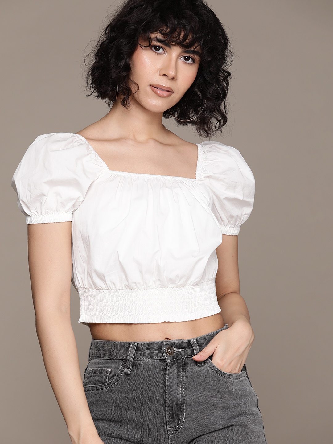 

The Roadster Lifestyle Co. Cotton Smocked Waist Crop Top, White