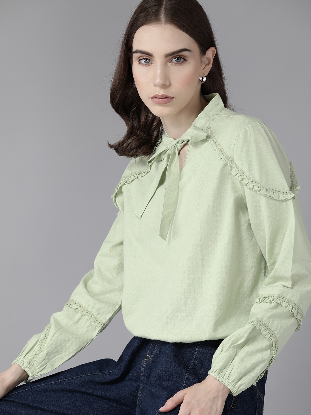 

The Roadster Lifestyle Co. Tie-Up Neck Puff Sleeves Dobby Weave Ruffles Cotton Top, Green