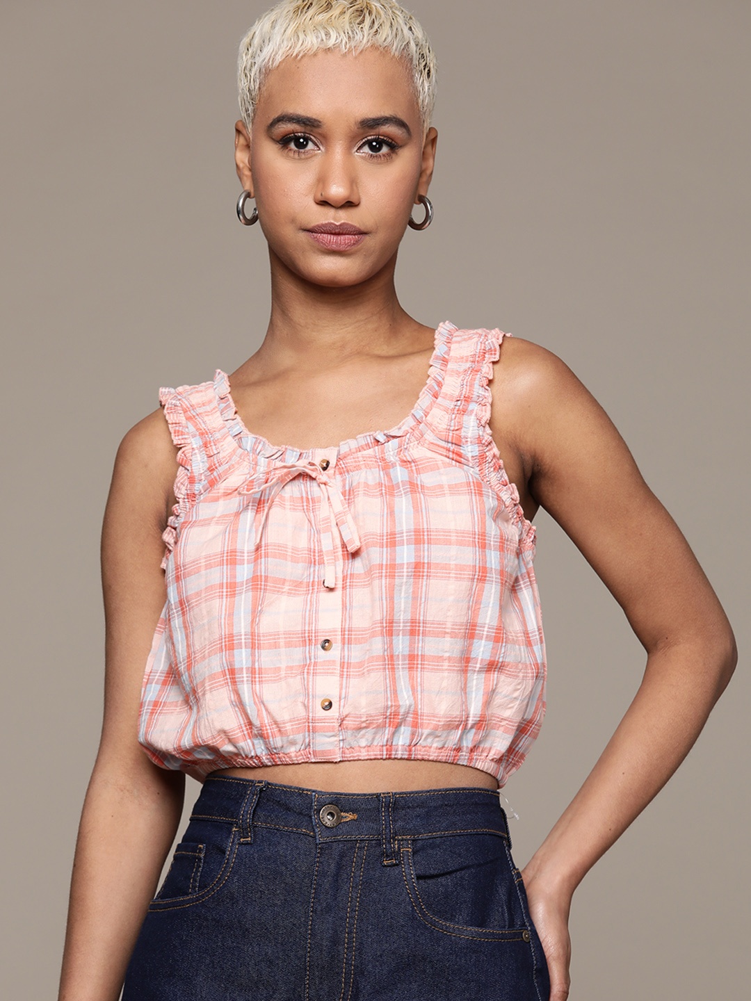 

The Roadster Lifestyle Co. Checked Pure Cotton Blouson Top, Peach