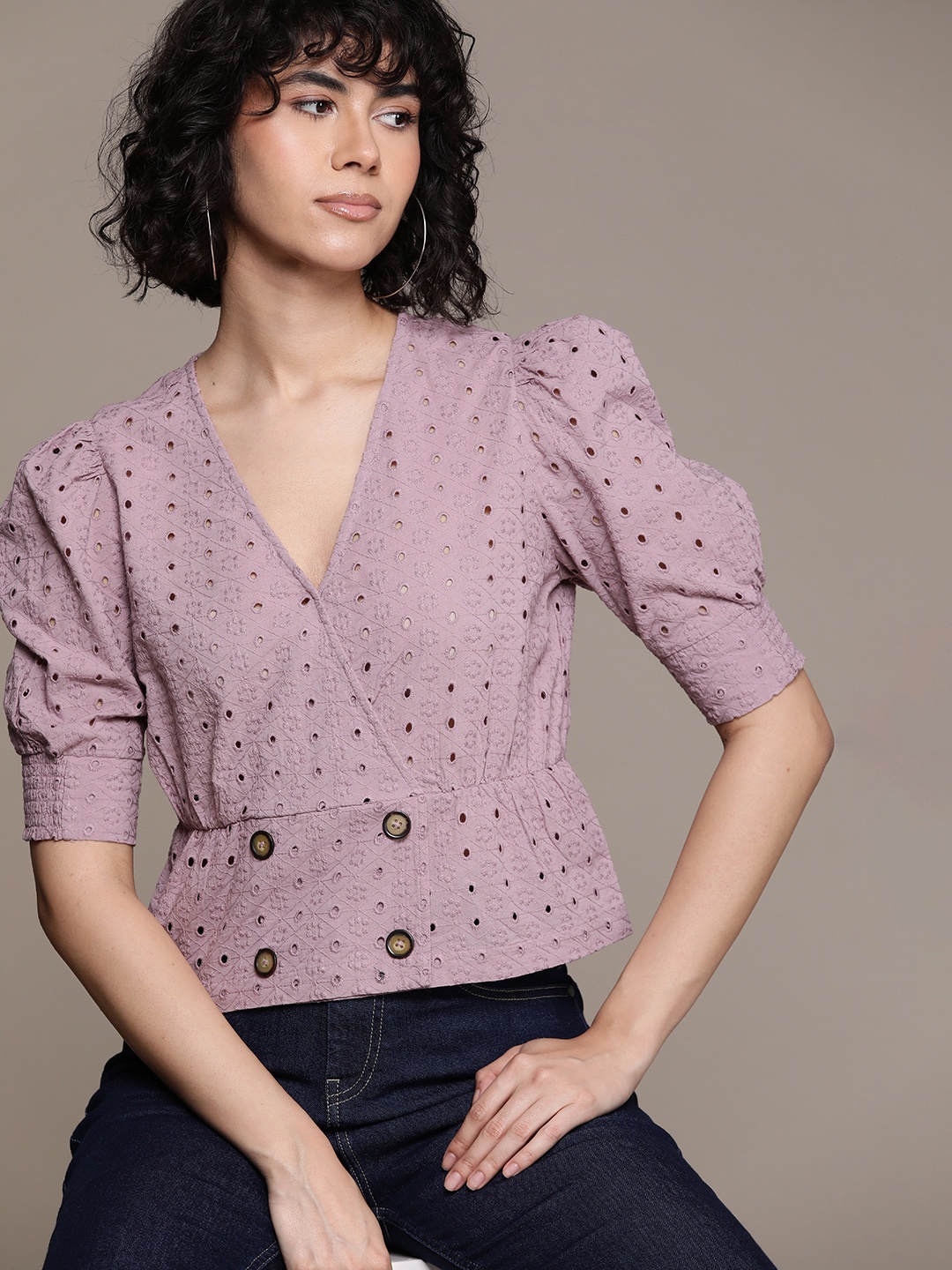 

The Roadster Lifestyle Co. Schiffli Embroidered Cotton Wrap Top, Mauve