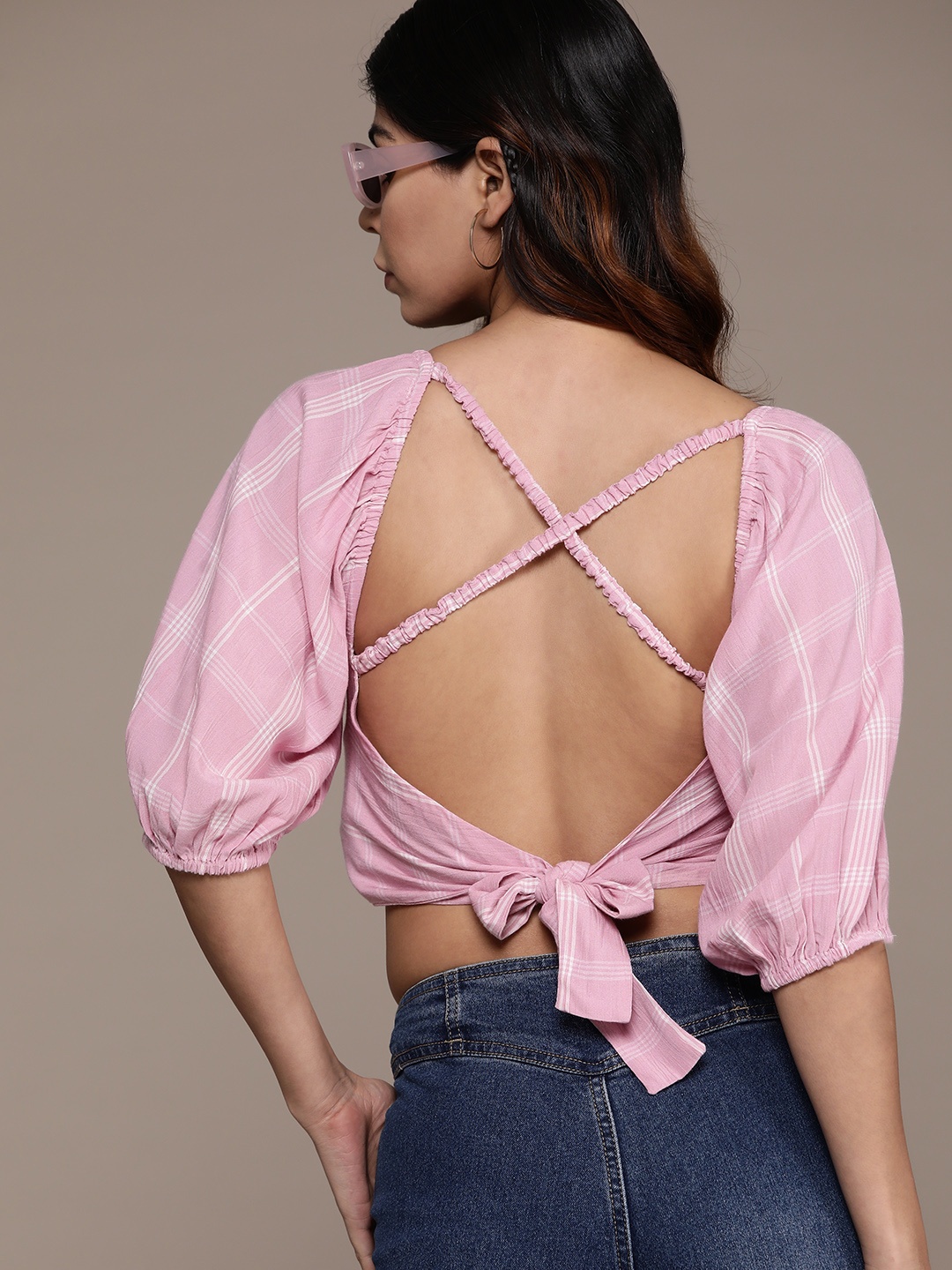 

The Roadster Lifestyle Co. Checked Styled Back Crop Top, Pink