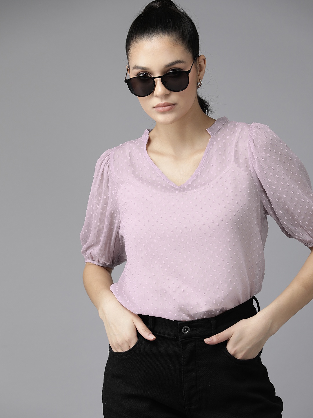 

The Roadster Lifestyle Co. Dobby Detailed Semi Sheer Regular Fit Top, Lavender