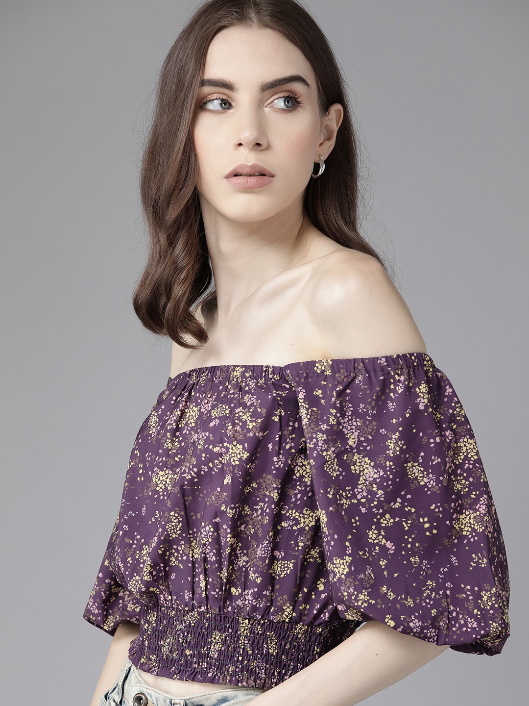 

The Roadster Lifestyle Co. Printed Off-Shoulder Bardot Crop Top, Purple