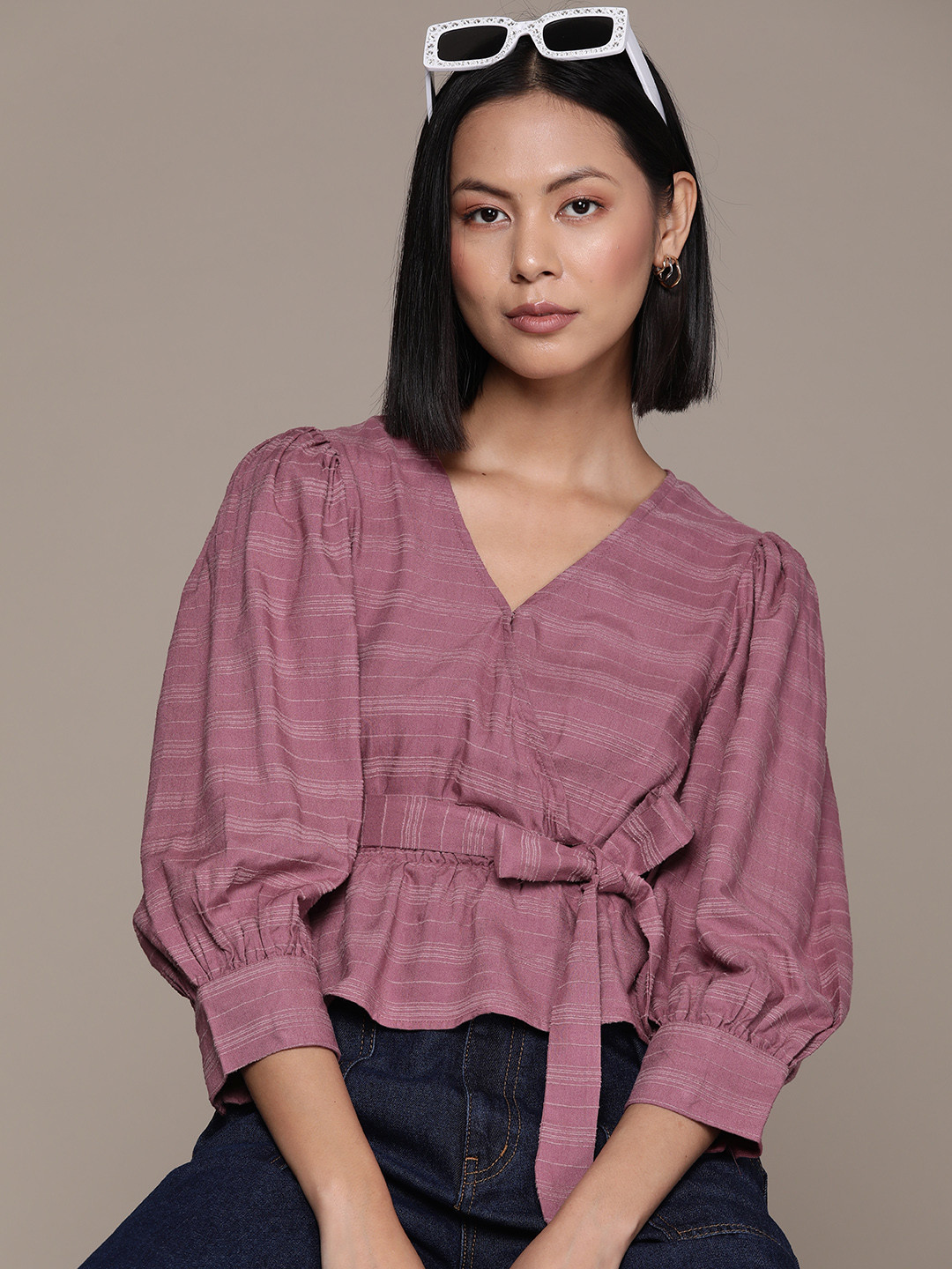 

The Roadster Lifestyle Co. Self-Striped Puff Sleeve Wrap Top, Mauve
