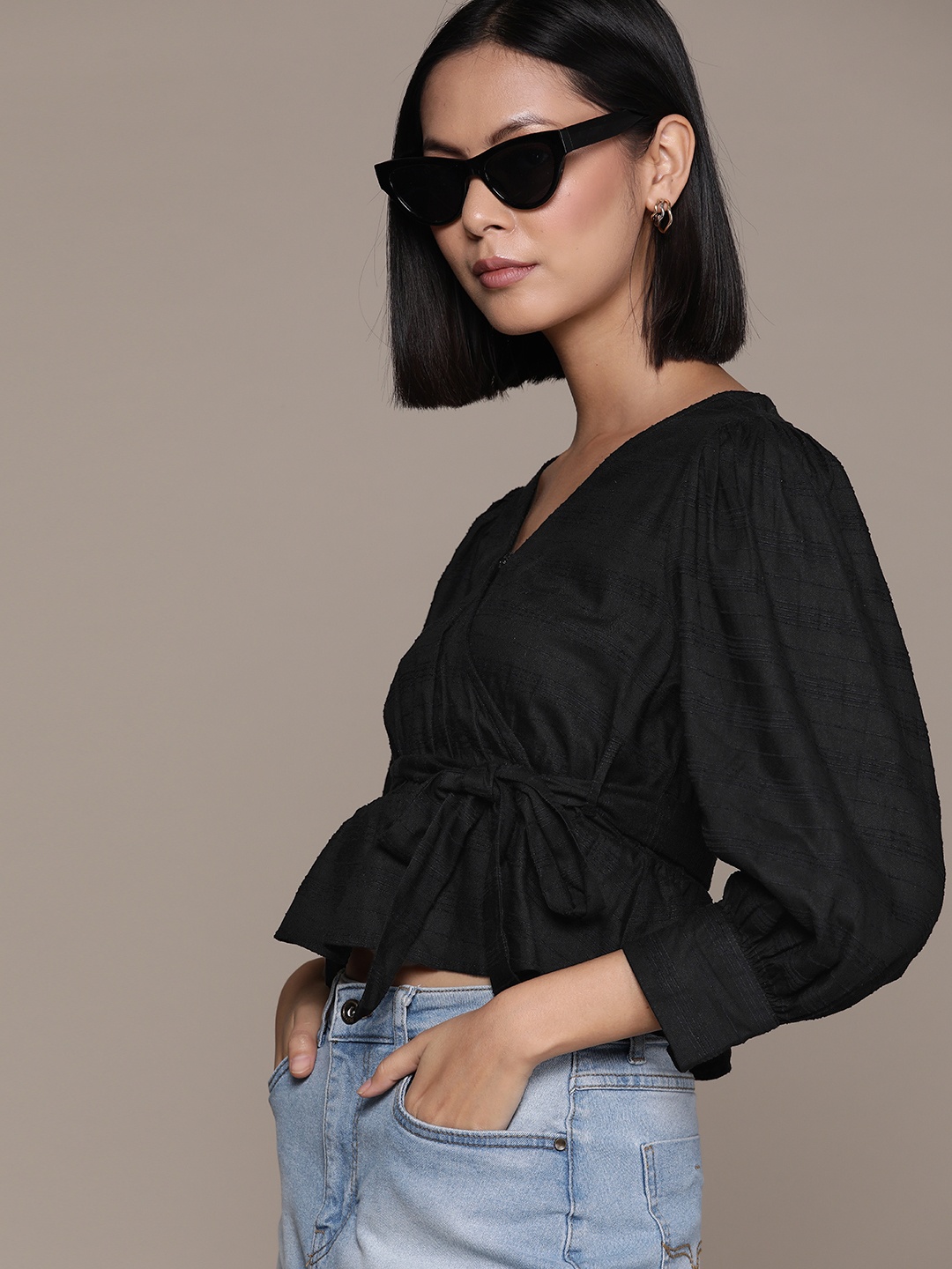 

The Roadster Lifestyle Co. Self-Striped Puff Sleeve Wrap Top, Black