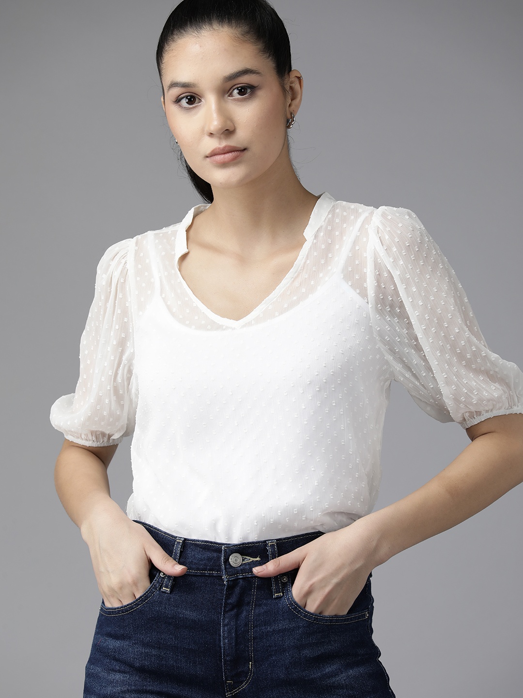 

The Roadster Lifestyle Co. Dobby Detailed Semi Sheer Regular Fit Top, White