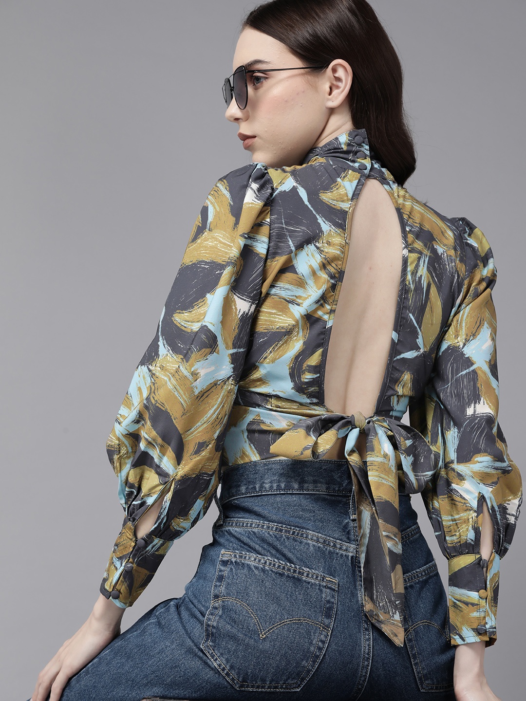 

The Roadster Lifestyle Co. Abstract Print Blouson Crop Top, Grey