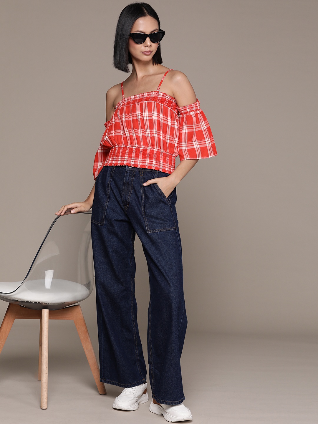 

The Roadster Lifestyle Co. Checked Cold-Shoulder Pure Cotton Blouson Top, Red