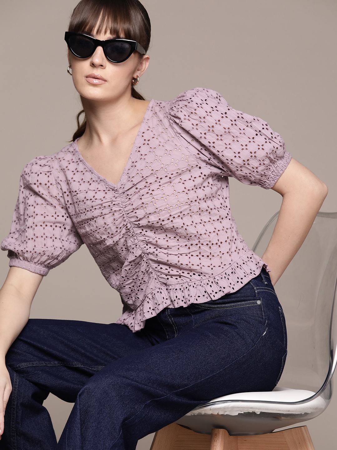 

The Roadster Lifestyle Co. Ruched Floral Puff Sleeve Cotton Schiffli Top, Mauve