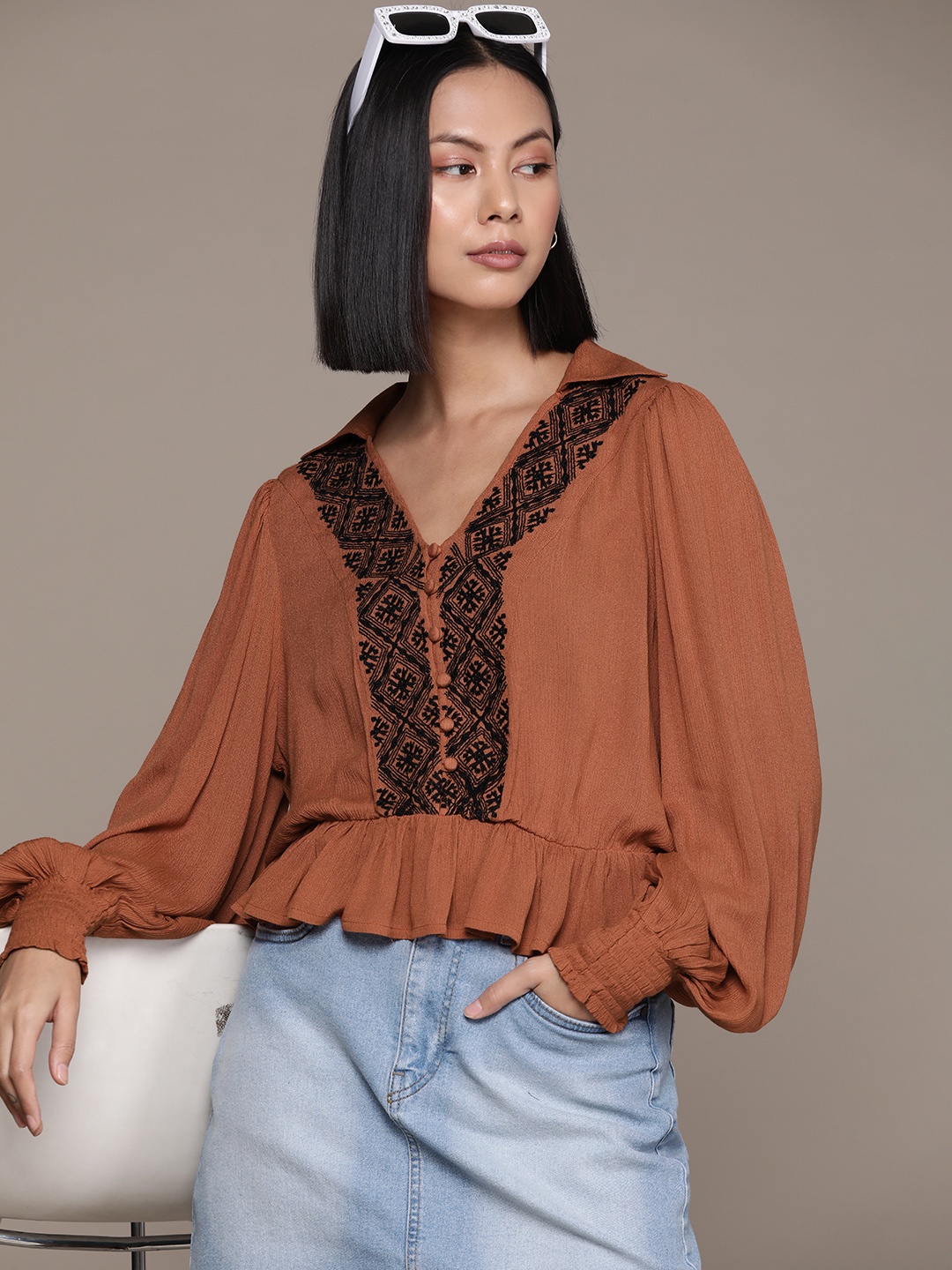 

The Roadster Lifestyle Co. Embroidered Bishop Sleeves Top, Rust