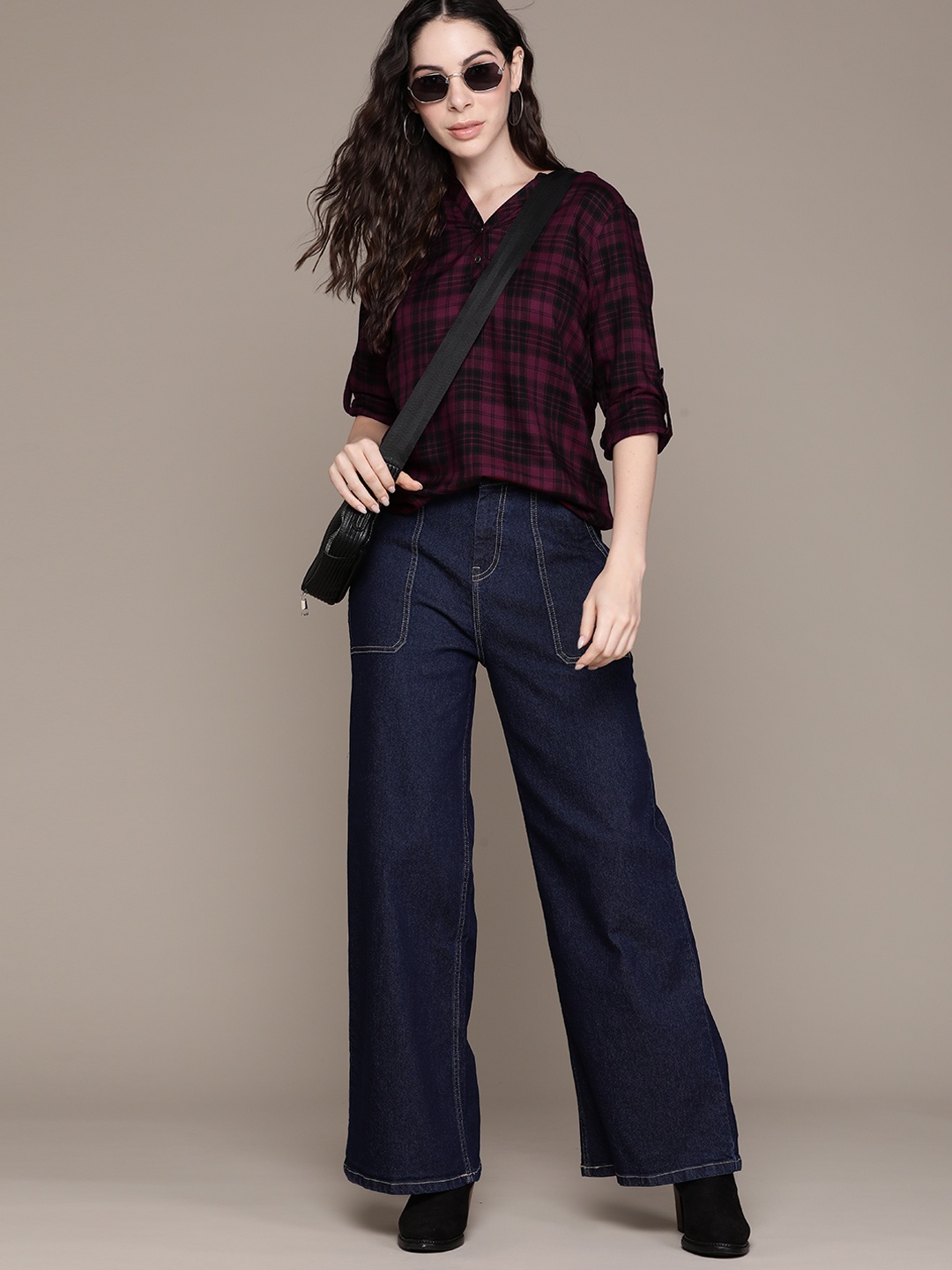 

The Roadster Lifestyle Co. Checked Mandarin Collar Roll-Up Sleeves Shirt Style Top, Burgundy