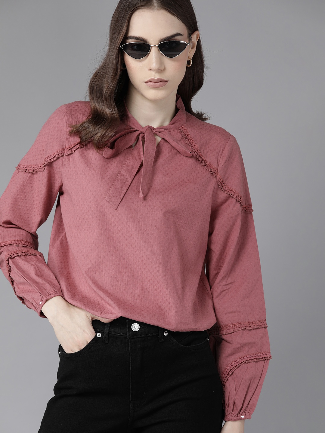 

The Roadster Lifestyle Co. Tie-Up Neck Puff Sleeves Dobby Weave Ruffles Cotton Top, Rust