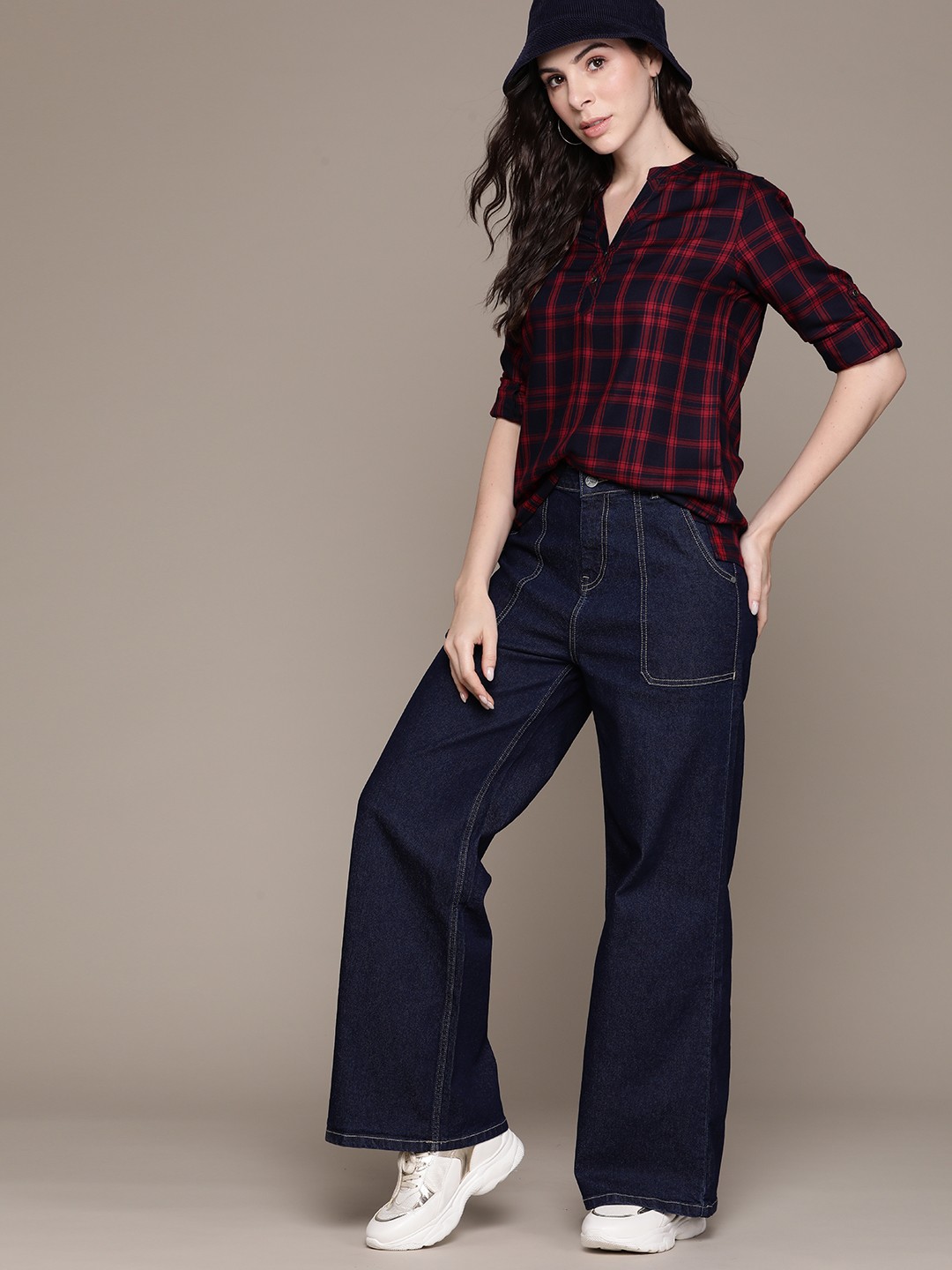 

The Roadster Lifestyle Co. Checked Mandarin Collar Roll-Up Sleeves Shirt Style Top, Red
