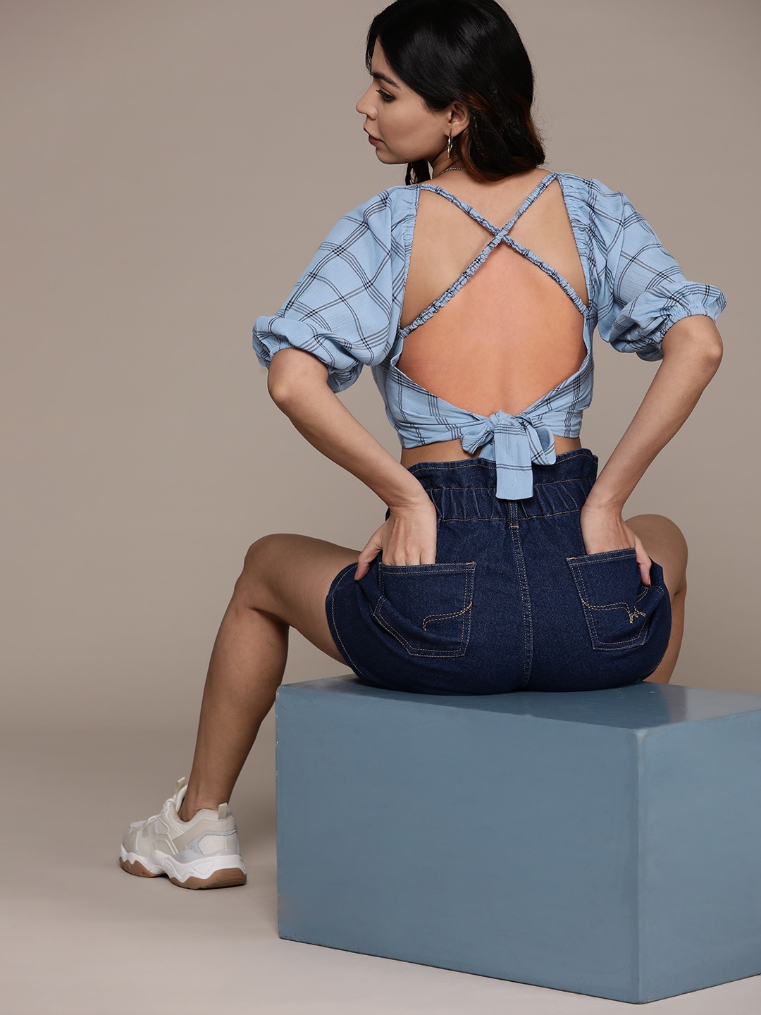 

The Roadster Lifestyle Co. Checked Styled Back Crop Top, Blue