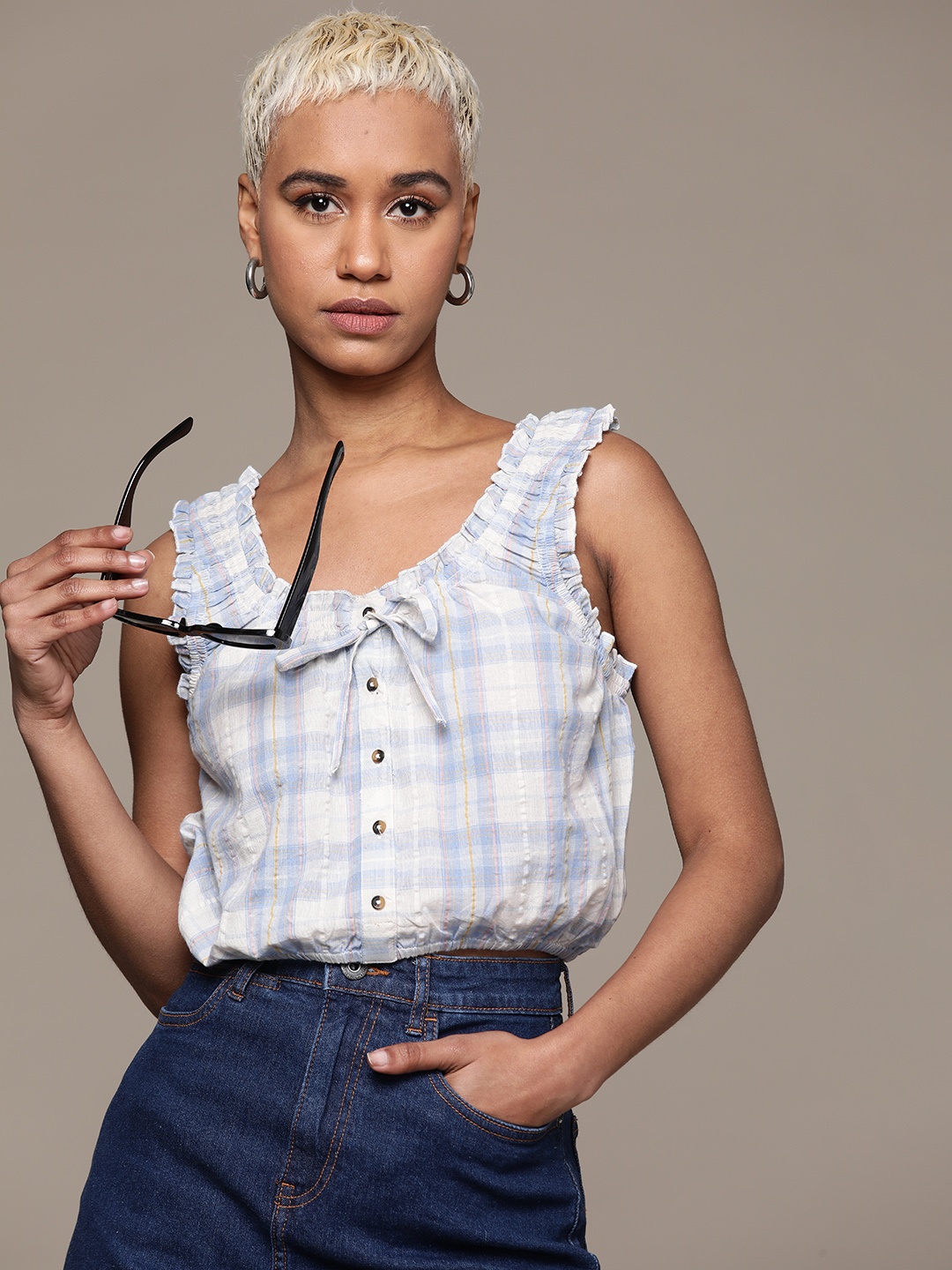 

The Roadster Lifestyle Co. Checked Pure Cotton Blouson Top, Blue