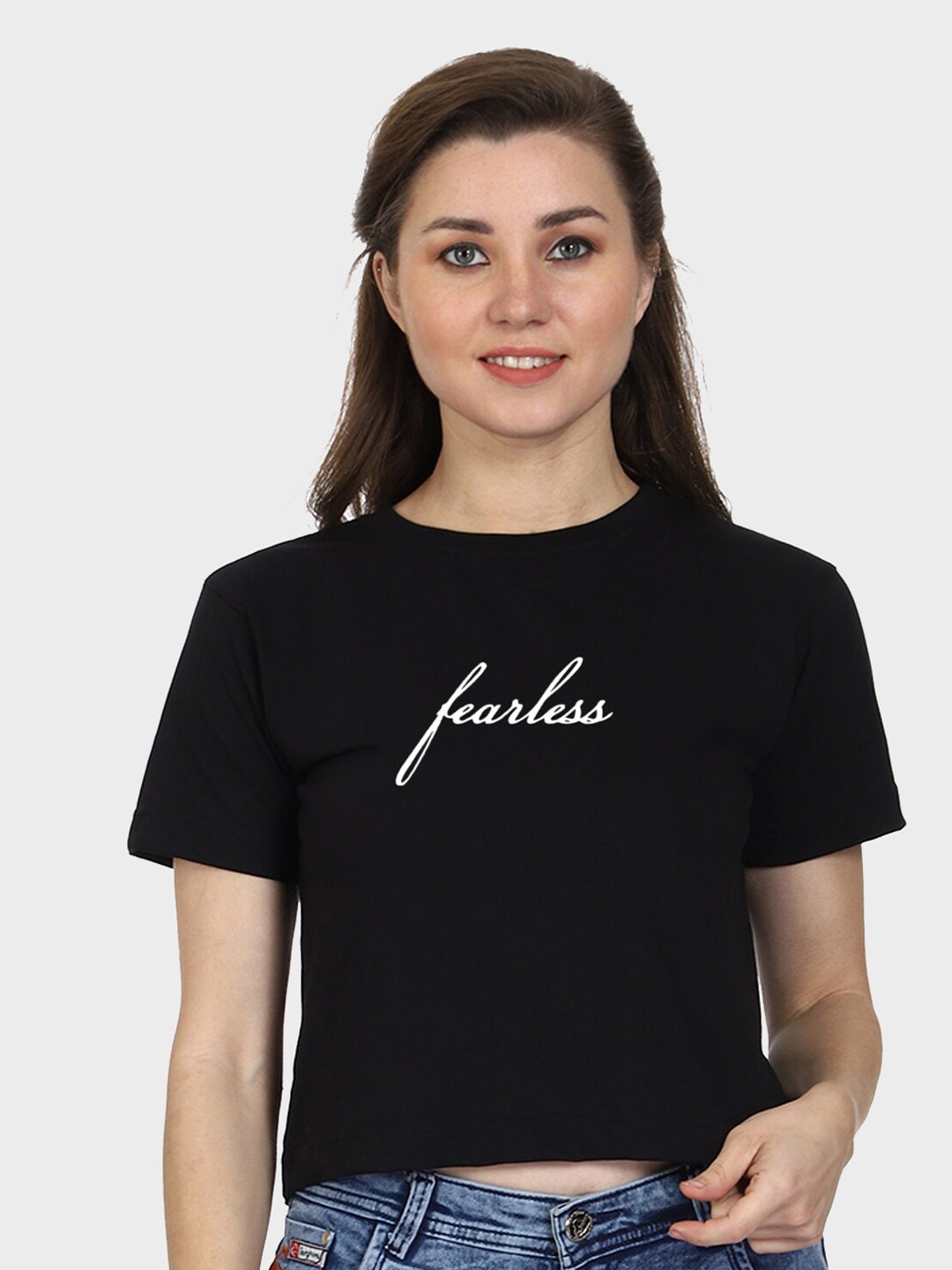 T-SHIRT TRUCK Typography Printed Cotton Crop T-shirt, Black