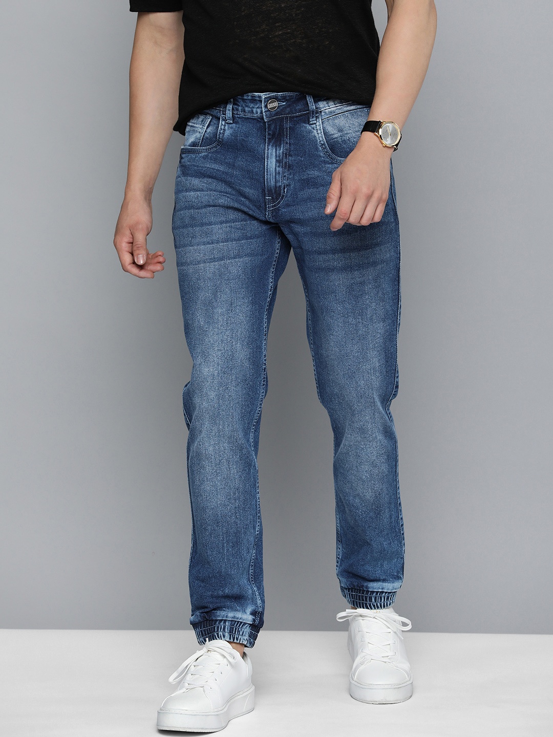 

Mast & Harbour Men Slim Jogger Mid-Rise Heavy Fade Cuffed Hem Stretchable Jeans, Blue