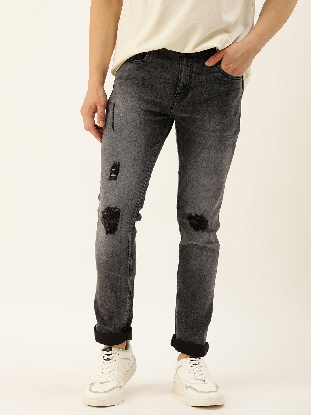 

Mast & Harbour Men Skinny Fit Mildly Distressed Light Fade Stretchable Jeans, Charcoal