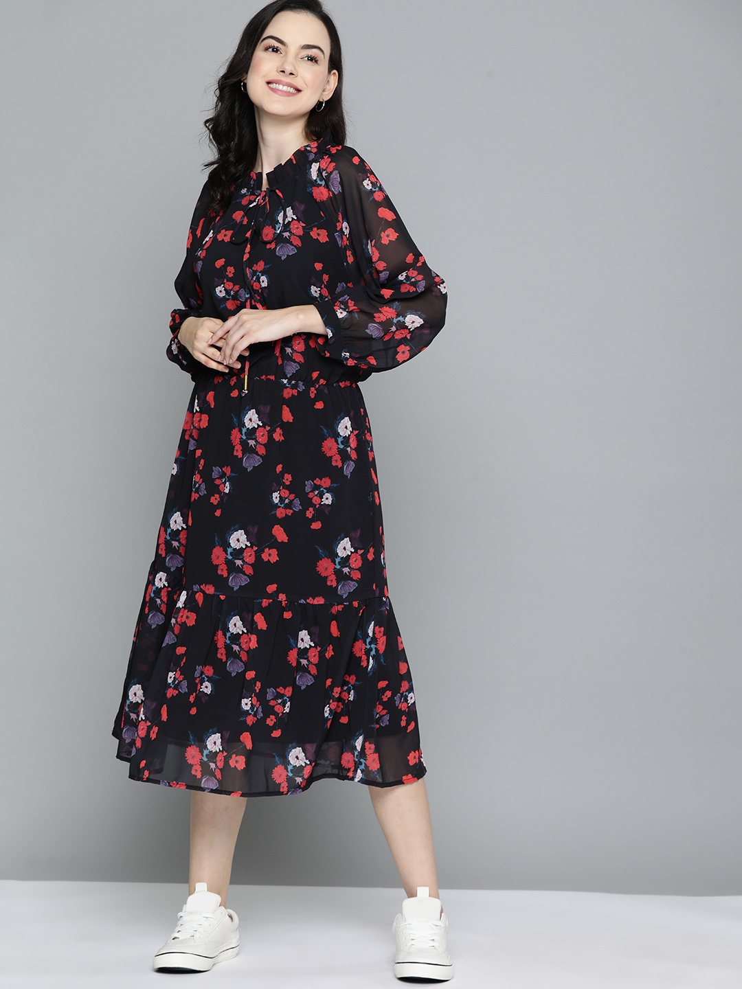 

Mast & Harbour Floral Print A-Line Midi Dress, Black