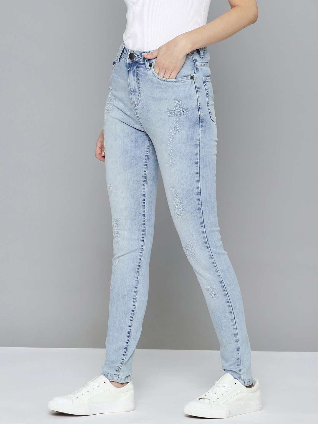 

Mast & Harbour Women Low Distress Stretchable Jeans, Blue