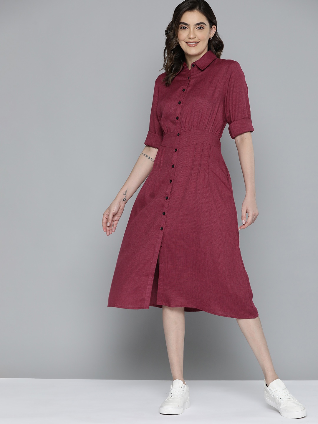 

Mast & Harbour Knee Length A-Line Shape Shirt Dress, Magenta