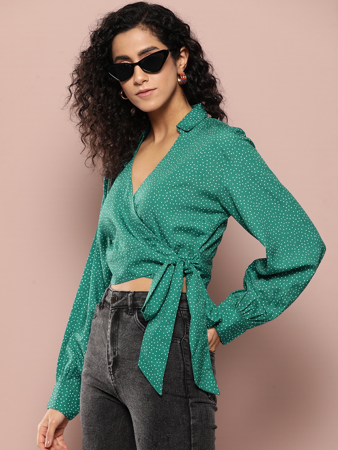 

Harvard Printed Waist Tie-Up Wrap Crop Top, Green