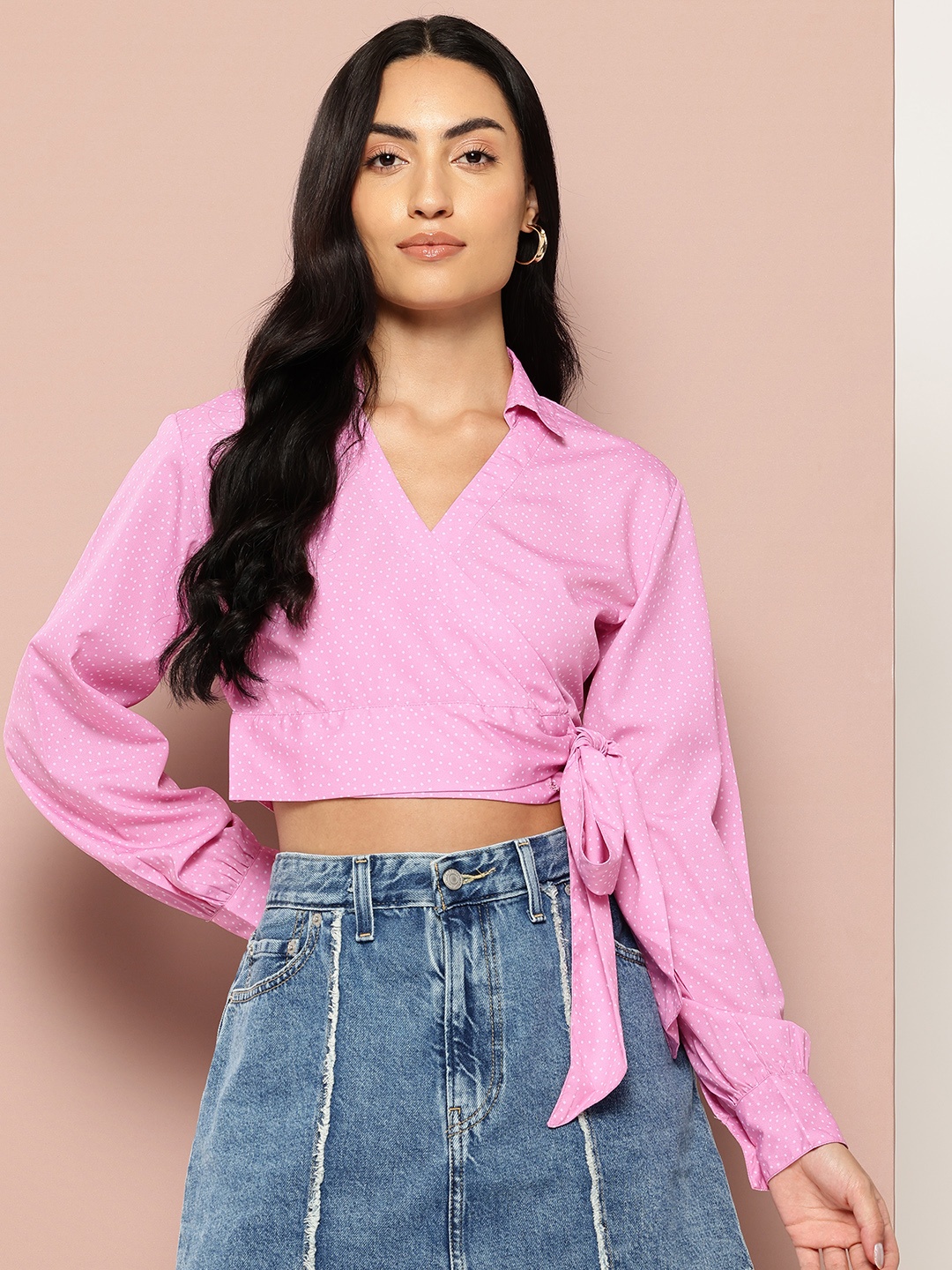 

Harvard Printed Waist Tie-Up Wrap Crop Top, Pink