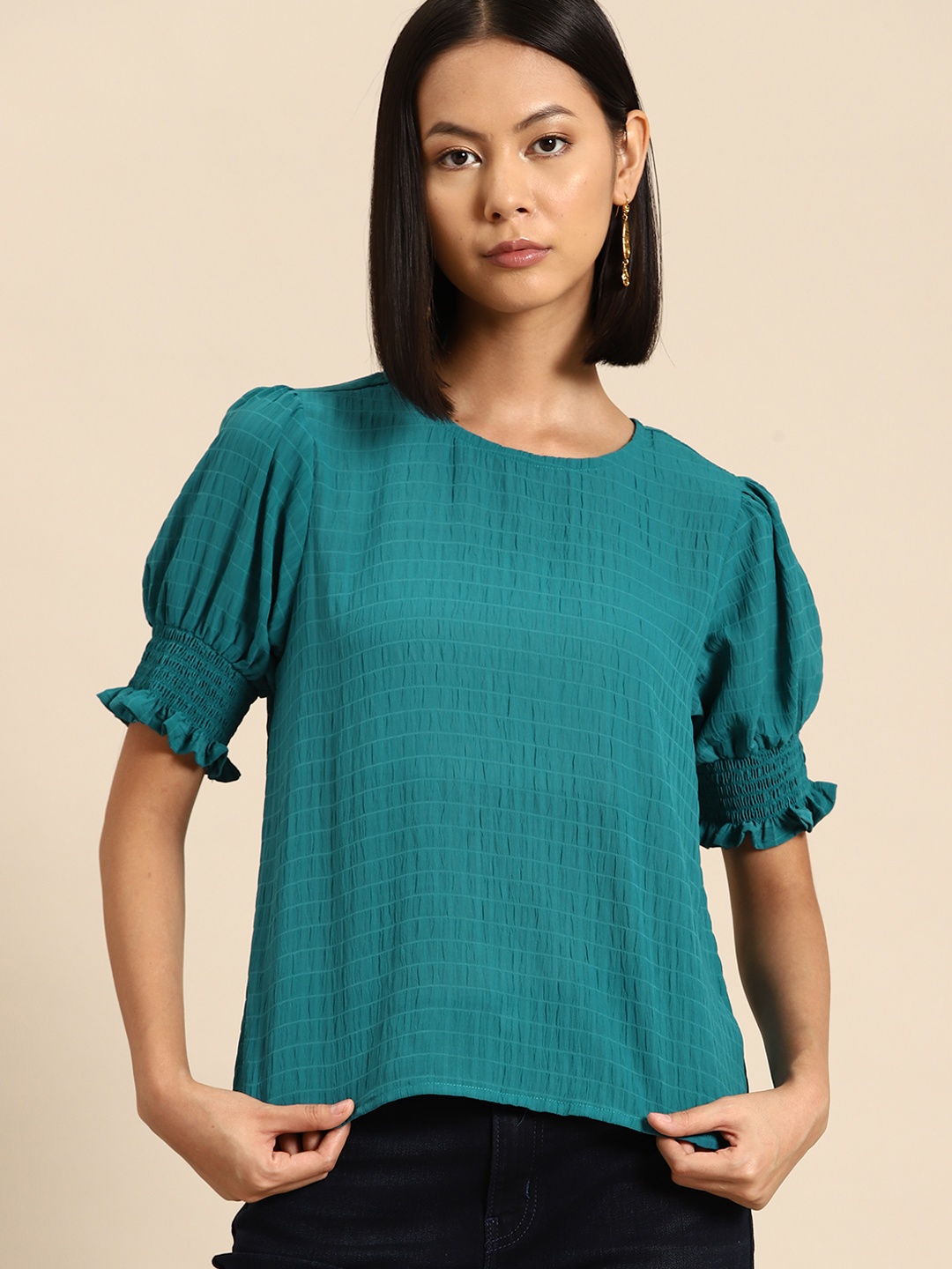 

all about you Self Design Puff Sleeve Top, Teal