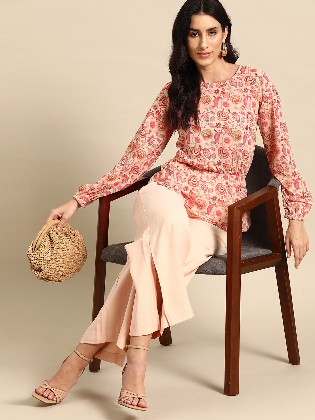 

Routes by All About You Ethnic Print Puff Sleeves Cinched Waist Top, Beige