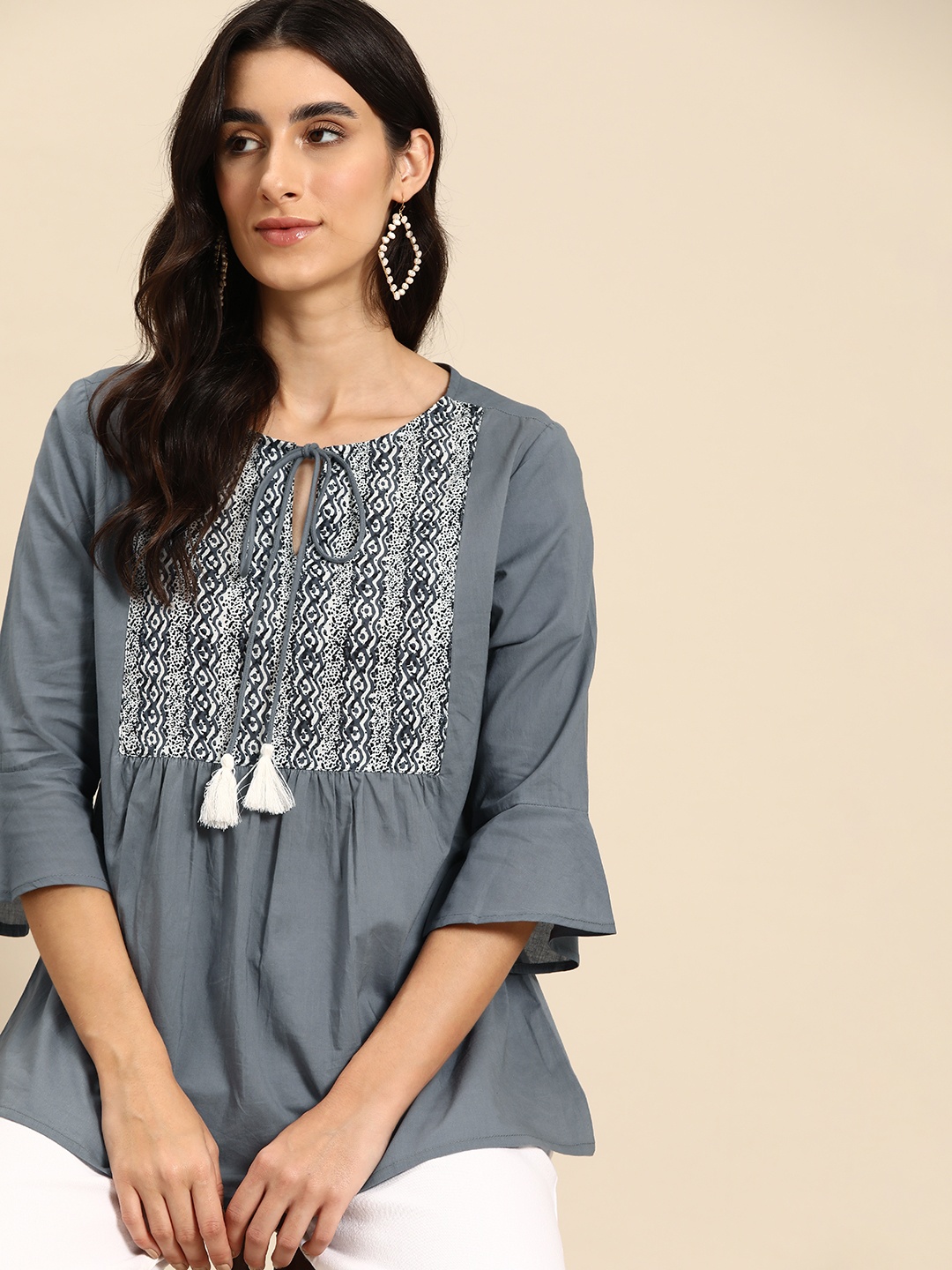 

all about you Ethnic Motifs Printed Pure Cotton Short Kurti, Grey