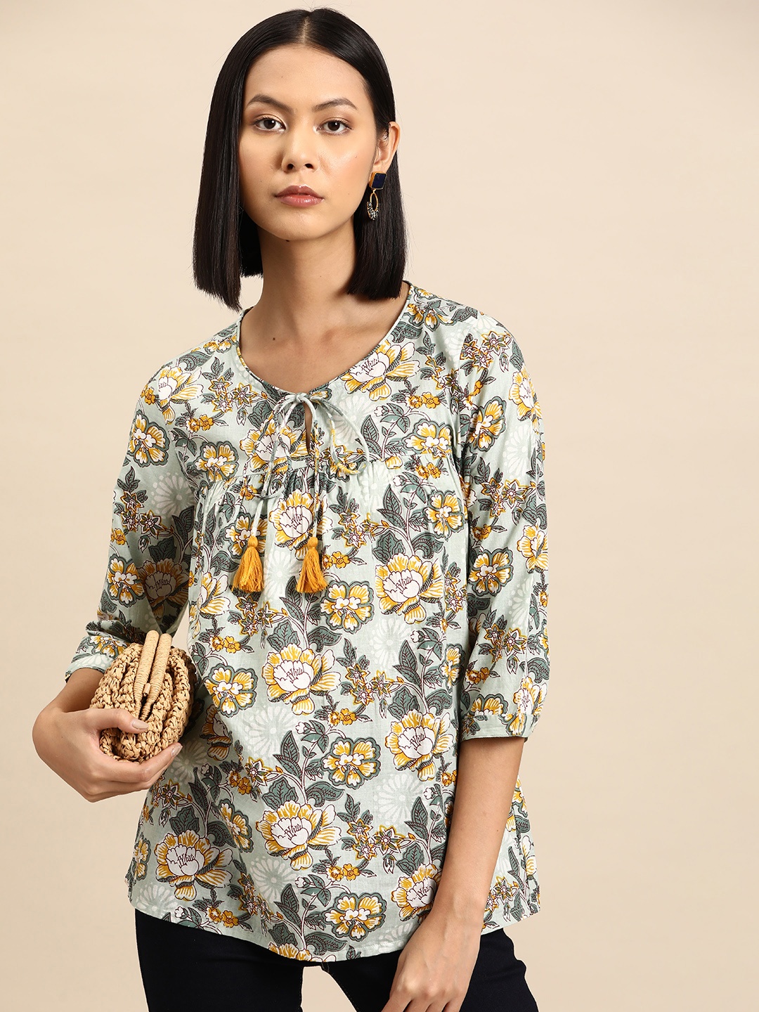 

all about you Floral Print Pleated Kurti, Green